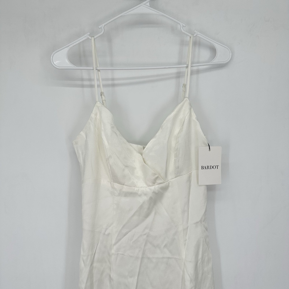 Bardot Ember Midi Dress XS Ivory Satin Slip Asym Ruffle Bridal Coquette NWT - Picture 11 of 16